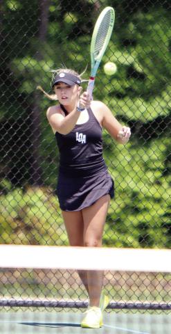 Georgia Bosart returns a serve during a match against Christian Heritage on Monday. (LANCE MCCURLEY/Staff)