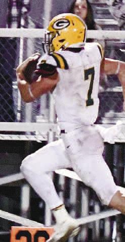 Evan Bennett (7) had a big night in Waynesboro, scoring four of five touchdowns for the Gatewood Gators in their 38-28 win over Edmund Burke Academy. DAWN SINCLAIR/Contributed