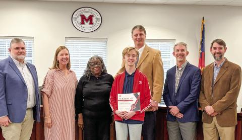 Morgan County Middle School eighth grader Emerson Williams was recognized at the recent Board of Education meeting, after winning first place in the 2026 District Spelling Bee. SKYLA MORRIS/Staff