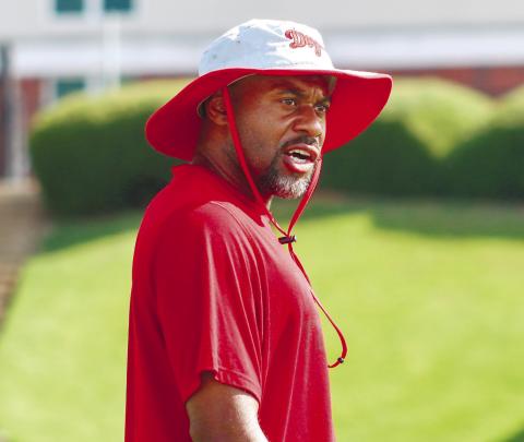 Morgan County defensive coordinator David Bethea during a padded camp last week. LANCE McCURLEY/Staff