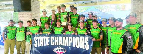 The 2025 State Champion Gatewood shotgun team was led by head coach Jacob Fried (far left), with help from Jason Cheek, Kevin Courchaine, Keith Davis, Jake Hill, Rich Lingle, Brandon Pierce, Walt Rocker, and John Wojtas. CONTRIBUTED