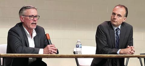 Putnam County District 2 Commissioner Daniel Brown (left) and challenger Richard Garrett spoke before interested voters last Thursday at the Butler-Baker school in Eatonton. A follow-up faceoff is scheduled for 6:30 p.m. this Thursday at The Plaza Arts Center. IAN TOCHER/Staff