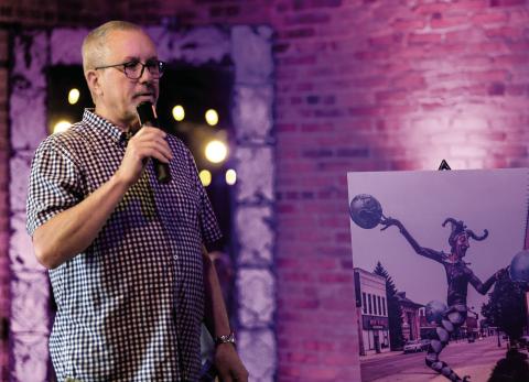 In a presentation at Barrel 118 on Friday night, Kevin Tomson-Hooper introduced four new artworks to the Eatonton Sculpture Trail, including “Delicate Balance,” which has been installed outside The Artisans Village Gallery on West Marion Street. IAN TOCHER/Staff