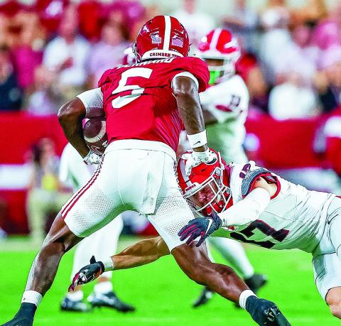 Alabama wide receiver Germie Bernard (5) leads the offense in receptions (15), receiving yards (275), and touchdowns (3). UGA ATHLETICS