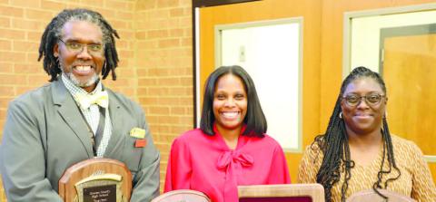 Pictured are, from left, Dr. Darren Rhym, GCHS teacher of the year; Sharda Massey, GCSS teacher of the year; and Mira Evans, GCPS teacher of the year. CONTRIBUTED