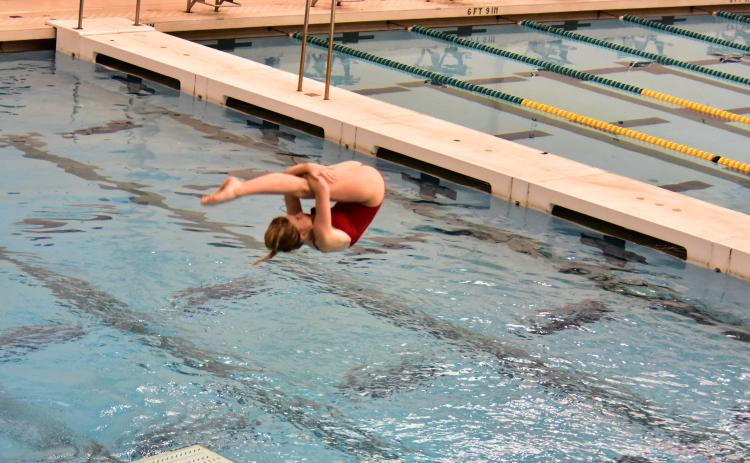 Caroline Jenkins tries to complete a tuck dive during the state meet on Tuesday.