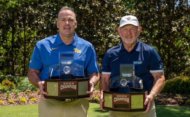 Chan Gailey and Pittsburgh head coach Pat Narduzzi after winning the 2023 Southern Company Peach Bowl Challenge, Tuesday, May 2, 2023, in Greensboro, Ga. (Paul Abell via Abell Images for the Southern Company Peach Bowl Challenge)