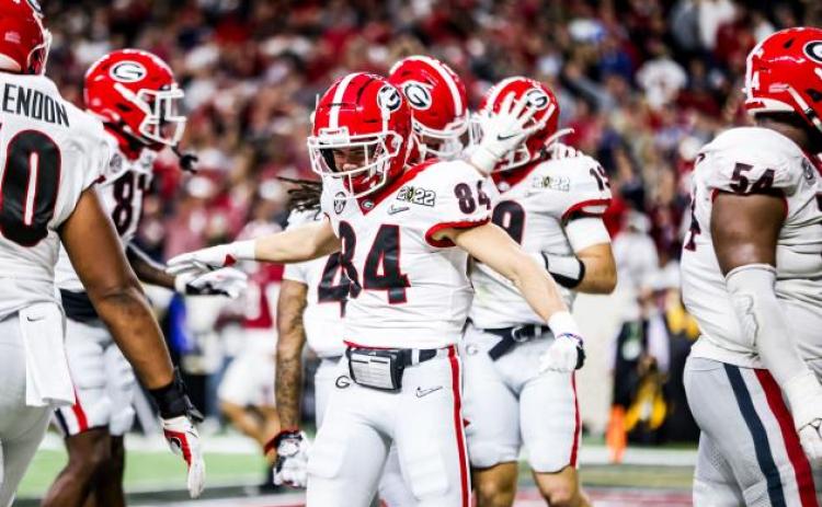 Georgia wide receiver Ladd McConkey (84) during the 2022 College Football Playoff National Championship against Alabama at Lucas Oil Field in Indianapolis, Ind., on Monday, Jan. 10, 2022. (Photo by Tony Walsh)