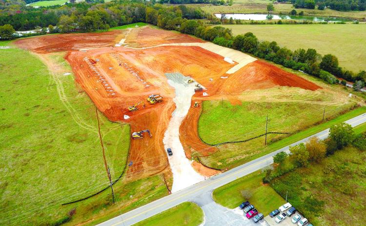 A drone photo shows site work in the beginning phases for Frey-Moss Structures, which is expected to build a 100,000-square-foot facility. MARK ENGEL/Staff