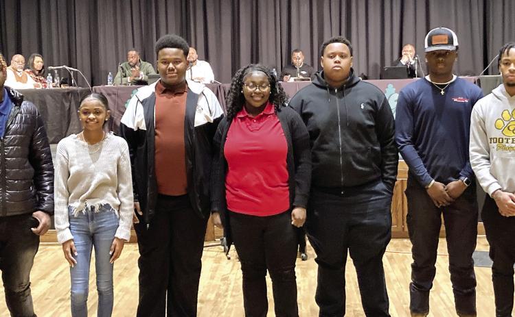 Several members of the Greensboro Youth Council visited with their city council counterparts at the last meeting at Festival Hall. The Youth Council is made up of Rodricus Monford Jr., Jaxson Gavin Lawrence, Jamarion Hill, London Wright, Tiraji Heath, Jailyn McKellar, Mia Kay Mauriello and Christopher Lowe. T. MICHAEL STONE/Staff