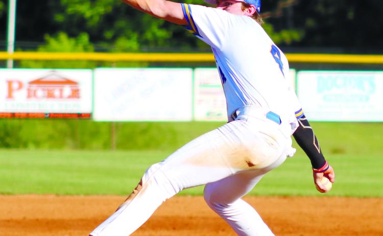 Lake Oconee Academy pitcher Trace Wood (4) in the wind-up during game two against Schley County. LANCE MCCURLEY/Staff