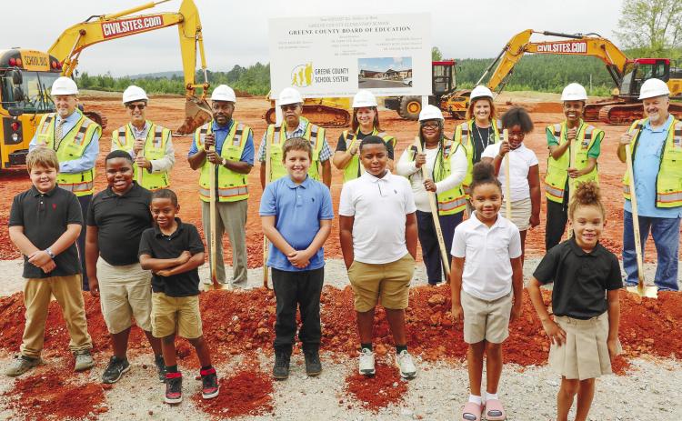 Students joined GCSS officials, Board of Education members, teachers and parents to break ground for Greene’s County’s new elementary school. The site is on Meadow Crest Road. CONTRIBUTED