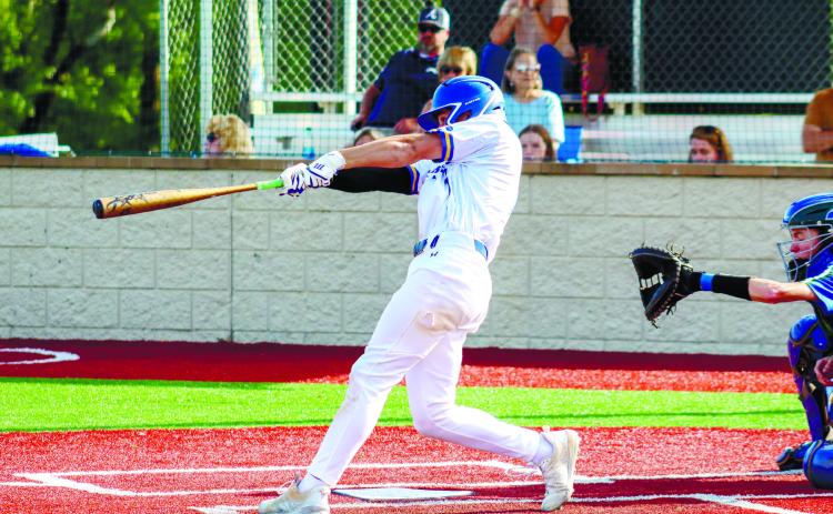 LOA senior Harrison Tolleson (10) turns on an inside pitch and drives it into left field during the regular-season finale against ACE Charter on April 19.