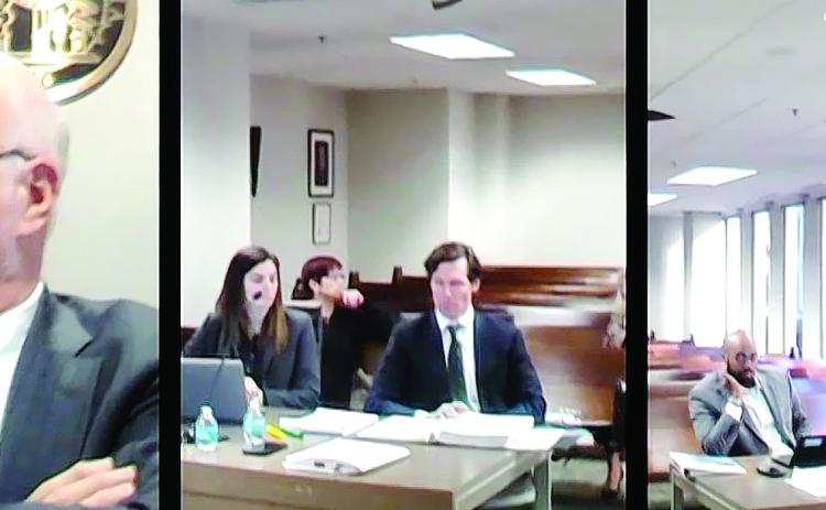 Savannah Court license revocation hearings last week. Judge Charles Beaudrot (bottom left) listens to testimony via Zoom. Attorneys for Savannah Court (middle) question a witness while lawyers for the Department of Community Health (right) listen.