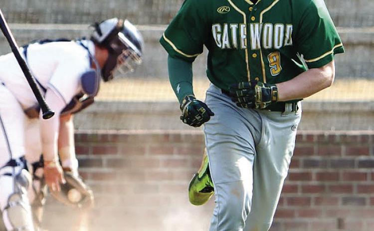 Gatewood’s Trey Wiggins (9) heads to first base on a walk after taking ball four from a GWA pitcher. TREY NORRIS/ Staff