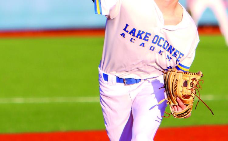 Lake Oconee Academy freshman pitcher Jon Funderburke (2) pitched a complete seven-inning shutout last Saturday in game one of a doubleheader against ECI. (LANCE MCCURLEY/Staff)