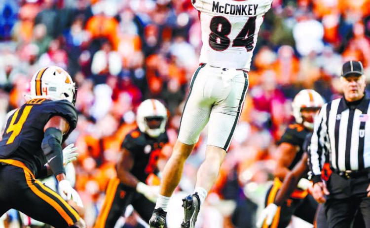 Georgia wide receiver Ladd McConkey (84) hauls in a pass against the Vols last season. LANCE MCCURLEY/Staff