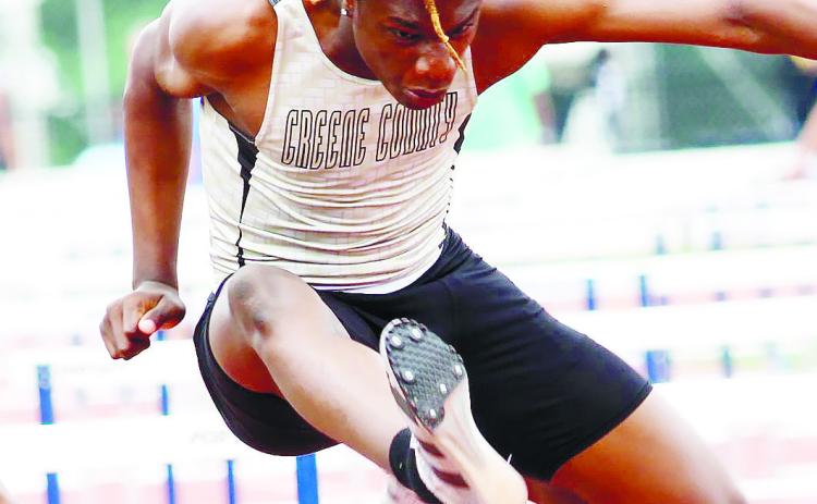 Greene County’s Henry Mitchell glides over a hurdle at the state meet. BRAD HARRISON/Staff