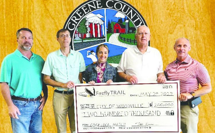 Present for the Firefly Trail Inc. check presentation were (L-R): Greene County Manager Byron Lombard, Firefly Trail Development Coordinator John Kissane, PTI Board Member Lisa Baynes, Woodville Mayor Phil Brock, and Greene County Commission Chair Gary Ursy. CONTRIBUTED
